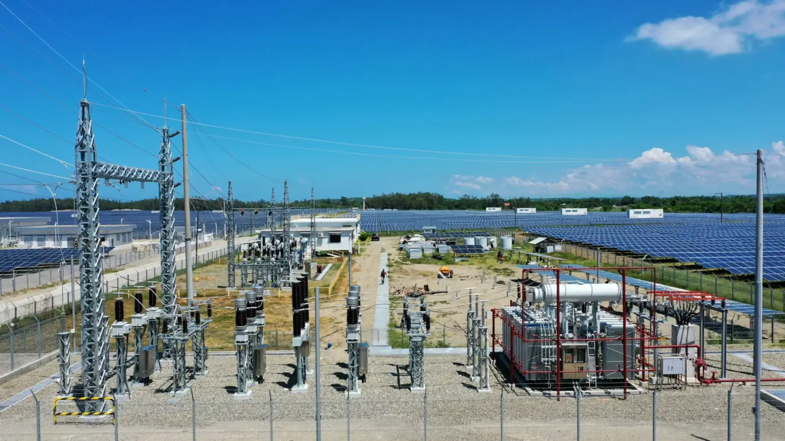 Panoramic aerial of a substation switchyard with a solar farm behind it under a clear sky