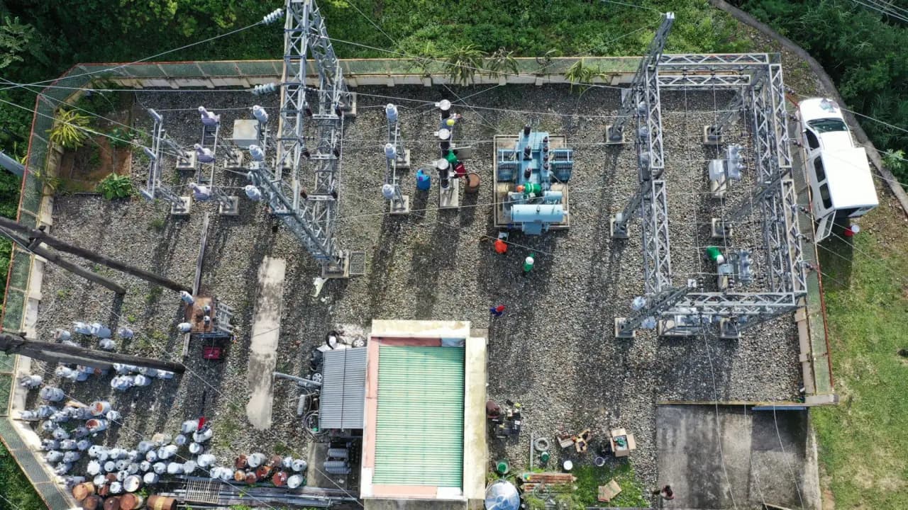 Aerial of a power substation switchyard